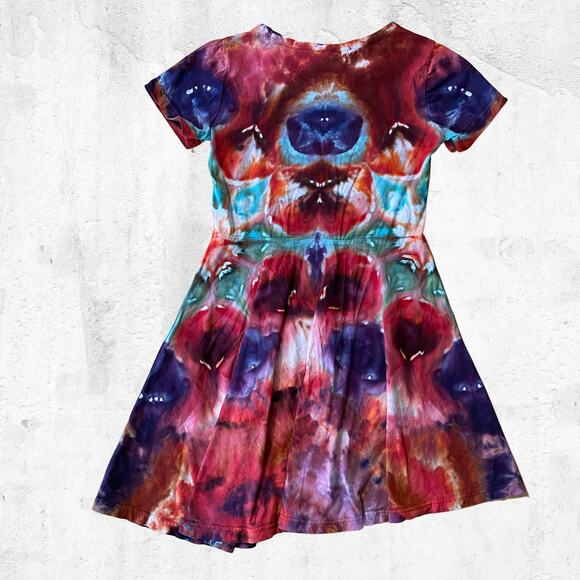 Girls Ice Dyed Skater Dress - Tie Dye Mandala Dark Hand-dyed (Kid's Size 10) - Picture 2 of 10